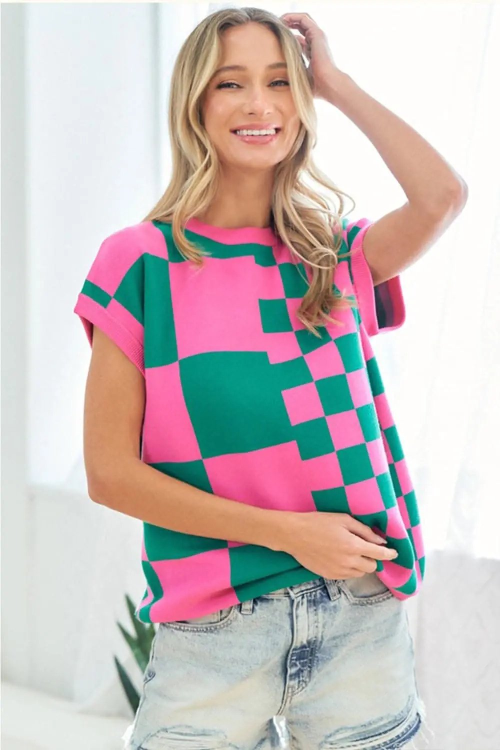 Trendy checkered knit top by First Love - Love Salve